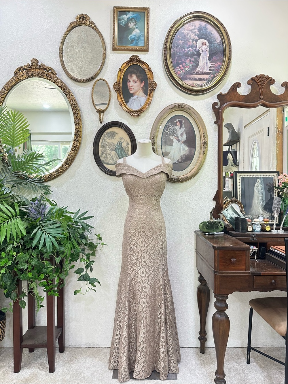 R&M Richards Taupe Lace Off-Shoulder Maxi Dress